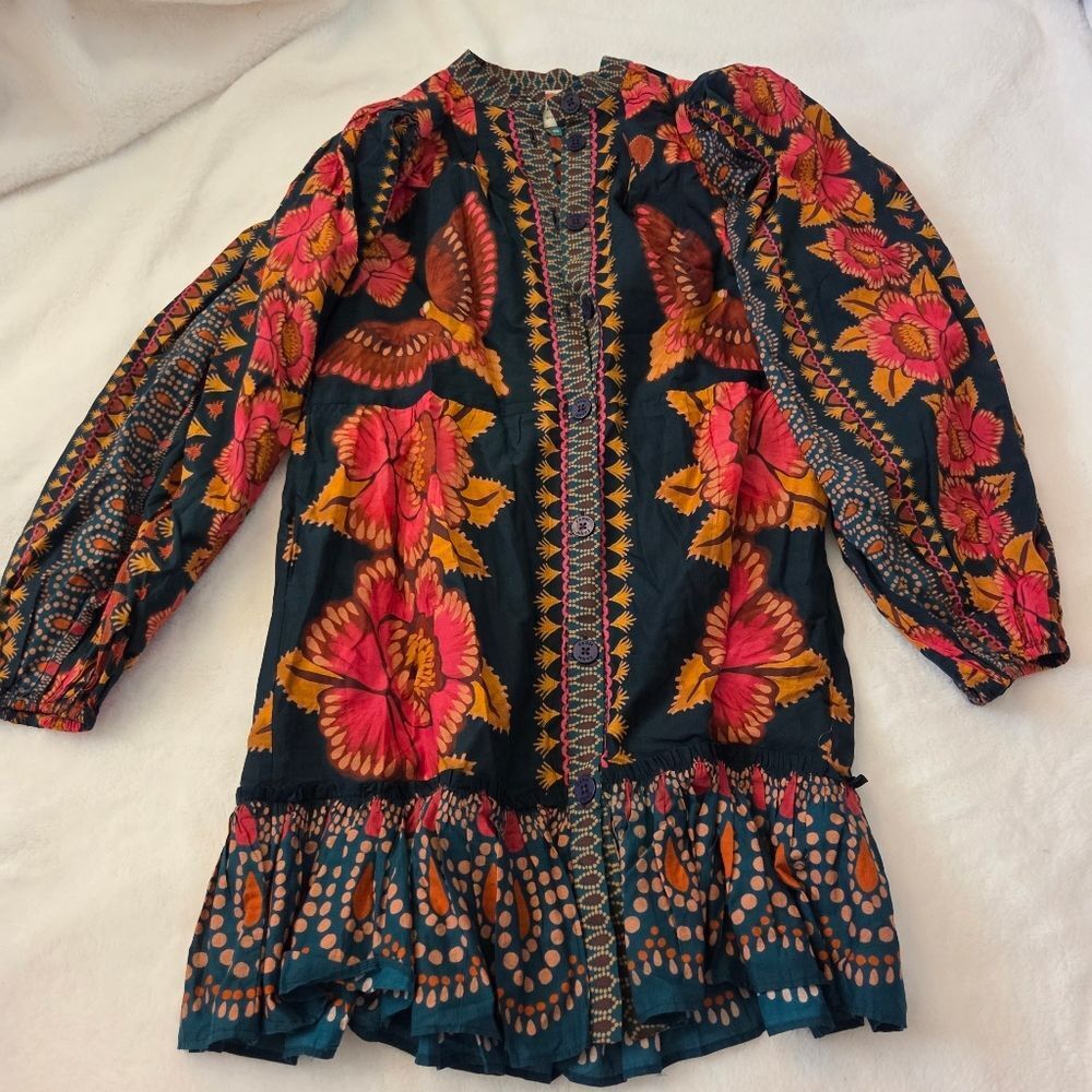 Farm Rio Ainika Sparkle Teal Puff Sleeve Mini Dress SIZE XS